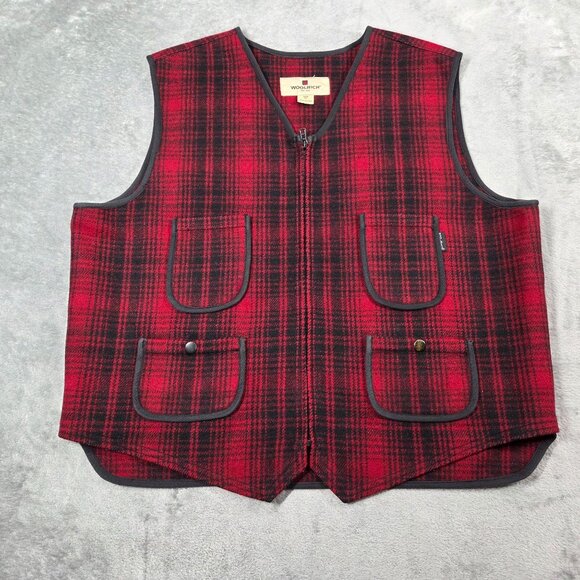 Woolrich Vest Mens XL Red Black Wool Blend Buffalo Plaid Field Utility Hunting - Picture 1 of 11